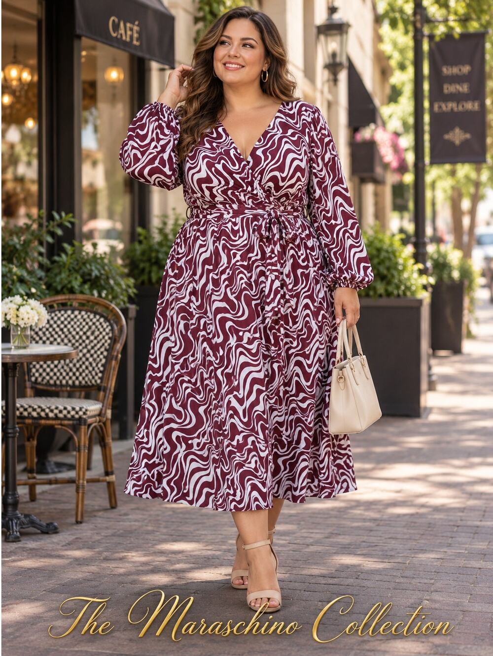 AVA & VIV Plus Size 2X Retro Psychedelic Swirl Faux Wrap Midi Dress Burgundy